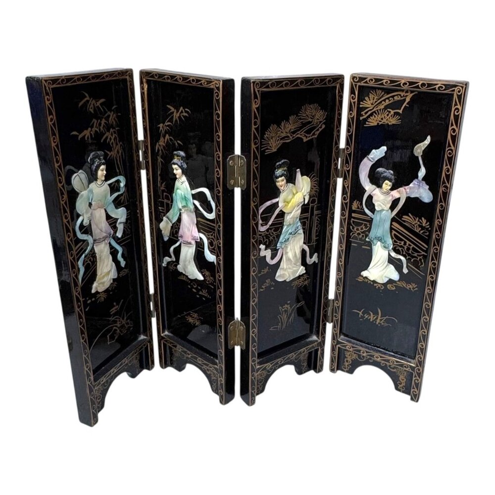 Chinese Lacquer Table Folding Screen Maiden Garden Mother of Pearl Geisha Woman